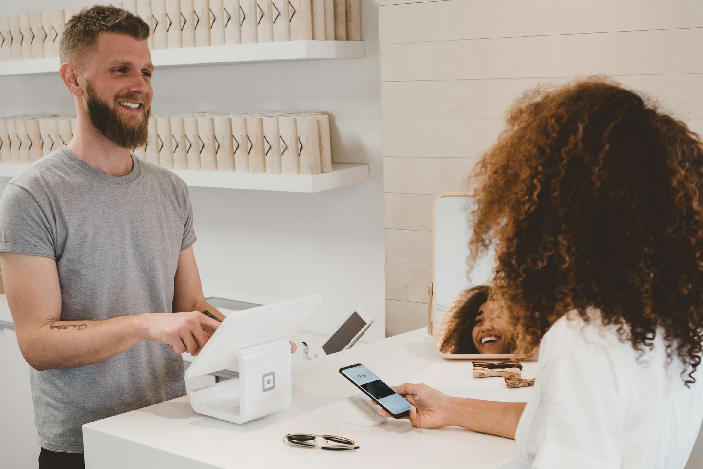 Customer service representative helping clients
